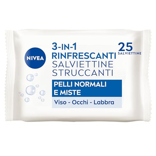 Nivea Salviettine Struccanti 3In1 Rinfrescanti 25 Pezzi, Salviettine Per Pelli Normali E Miste, Salviette Struccanti Per Viso, Occhi E Labbra, Strucca