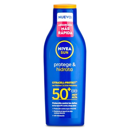 Nivea Sun Protegge & Idrata Lozione Solare Fp50+ (200 Ml), Crema Solare 50 Ad Assorbimento Rapido E Impermeabile, Idratante Con Vitamina C E Acido Ial