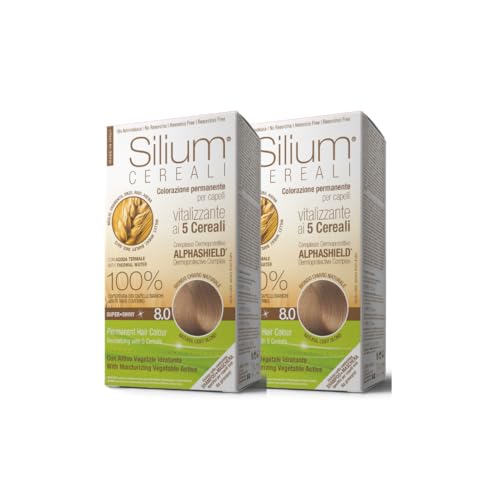 Silium Cosmetici - Colorazione Permanente Per Capelli 8.0 Biondo Chiaro Naturale, Senza Ammoniaca, 100% Copertura Capelli Bianchi, Con 5 Cereali, Pack