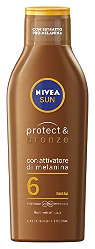Nivea Sun Crema Solare Protect & Bronze Fp6 In Flacone Da 200 Ml, Crema Abbronzante E Idratante, Latte Solare Per Un'Abbronzatura Dorata, Intensa E Un