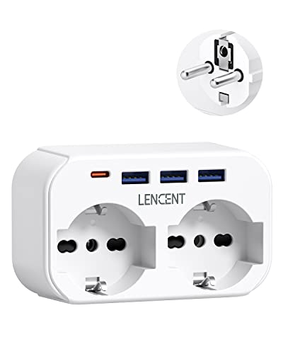 Lencent Adattatore Spina Eu Da Viaggio, Presa Italiana Con 2 Prese E 3 Usb E 1 Usb-C, Adattatore Spina Europa Per Germania,Francia, Spagno, Adattatore
