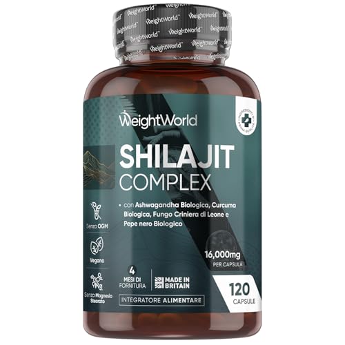 Shilajit Capsule Complex Vegano Con Ashwagandha Bio, Curcuma Bio, Lions Mane Mushroom, Pepe Nero, 16000Mg, 1 Capsula Al Giorno (4 Mesi), Estratto 40:1