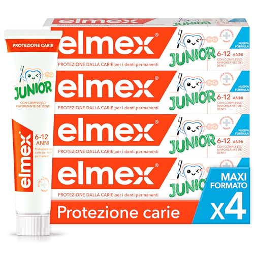 Elmex Dentifricio Junior 6-12 Anni Per Bambini 4X75Ml | Con Fluoruro Amminico | Protegge I Denti Dei Bimbi Dalla Carie | Dentifricio Anticarie Per Den