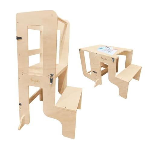 Family Nation, Torre Montessoriana 2 In 1, Convertibile In Tavolo E Sedia, Per Bambini Da 1 Anno Di Età, Struttura In Legno Con Supporto Extra, Natura
