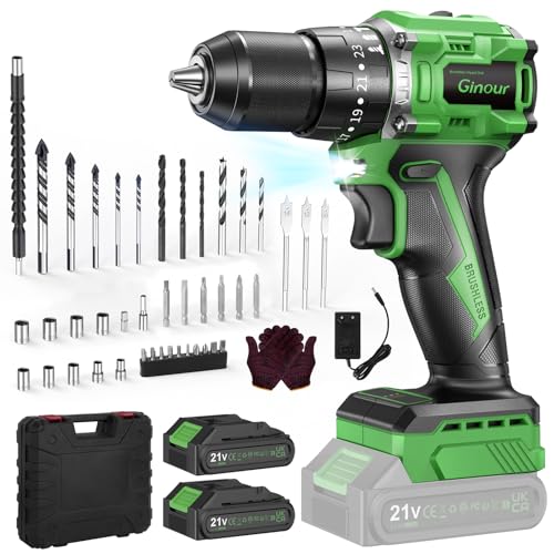 Ginour Avvitatore A Batteria, Brushless Trapano A Percussione 21V 2X2.0Ah Li Compatibile Con Makita 18V, 50Nm, 47 Accessori, 23+3 Coppie, 2 Velocità M