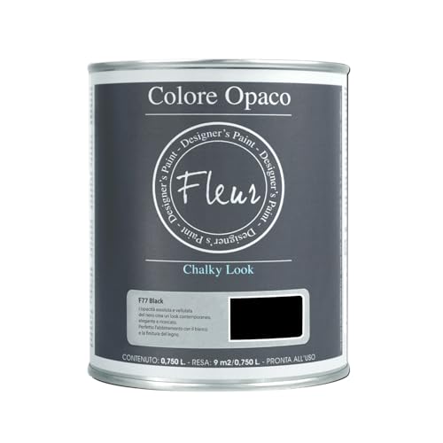 Fleur Designer'S Paint | Pittura Chalk Paint Opaca, 750 Ml, Senza Carteggiare, Multisuperficie, Colore F77 Black, Effetto Gesso, Per Pareti E Mobili, 