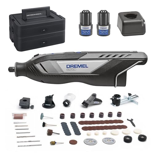 Dremel 8250 Multifunzione Rotativo Senza Fili 12V Brushless 5.000-30.000 Giri/Min Con Dremel Box, 65 Accessori, 5 Accessori Aggiuntivi, 2 Batterie+Car