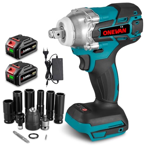 Onevan Avvitatore A Impulsi A Batteria, 300 N.M Chiave A Percussione Senza Fili Con 2 Batteria Da 3.0Ah E 6 Bussole, 1/2" Pistola A Impulsi, Senza Spa