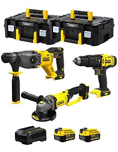 Stanley Fatmax Kit Svk301 (Tassellatore Sfmch900 + Smerigliatrice Sfmcg400 + Trapano A Percussione Sfmcd711 + 2 Batterie 4,0 Ah + Caricabatteria + 2 X