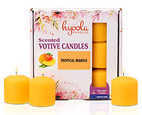 Hyoola Candele Profumate Votive - Candele Profumate Piccole Mango Tropicale - Durata Candela Votiva 12 Ore - Set Candele Profumate Da 9 - Made In Eu