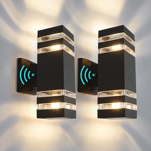 Vonci Up Down E27 Outdoor Wall Lights With Twilight Sensor, Black Aluminium Ip54 Waterproof Outside Wall Mounted Lamps Mains Powered For Villa Front D