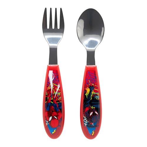 Set Di 2 Posate Per Bambini In Acciaio Inox Composto Da Forchetta E Cucchiaio Di Spiderman