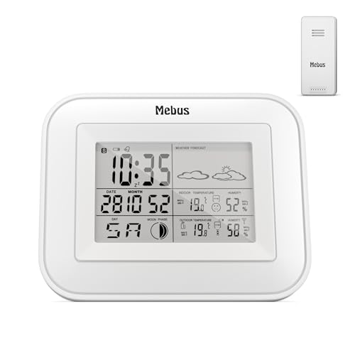 Mebus Funk-Wetterstation Mit Außensensor, Komfortindikator, Temperatur, Luftfeuchtigkeit (Innen Und Außen), Raumthermometer, Wettervorhersage, Mondpha