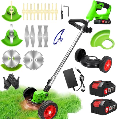 Decespugliatore A Batteria, Tagliabordi Elettrico 21V,Tagliaerba A Batteria Con 2 2.0Ah Batterie E 4 Tipi Di Lame, Ruote Rimovibili, Decespugliatori D