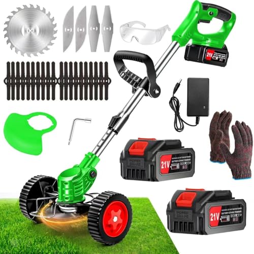 Decespugliatore A Batteria 21V Tagliabordi A Batteria, Tagliabordi Elettrico2 4.0Ah Batterie E 4 Tipi Di Lame, Ruote Rimovibili, Maniglia Telescopica