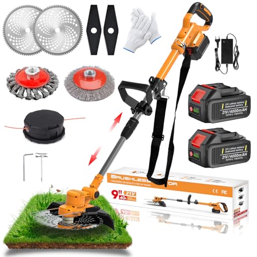 Decespugliatore A Batteria Tagliabordi A Batteria Brushless Con 21V 2 Batterie Con A 90° E Caricatore, Testata Regolabile E Maniglia Telescopica Per G