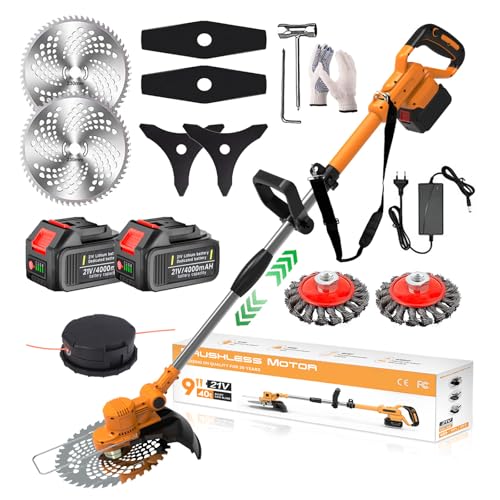 Decespugliatore A Batteria 21V, Tagliaerba A Batteria Brushless Con 2 Batterie 4,0Ah E Spazzola Per Erbacce 4 In 1 Decespugliatore Elettrico, Tubo Tel