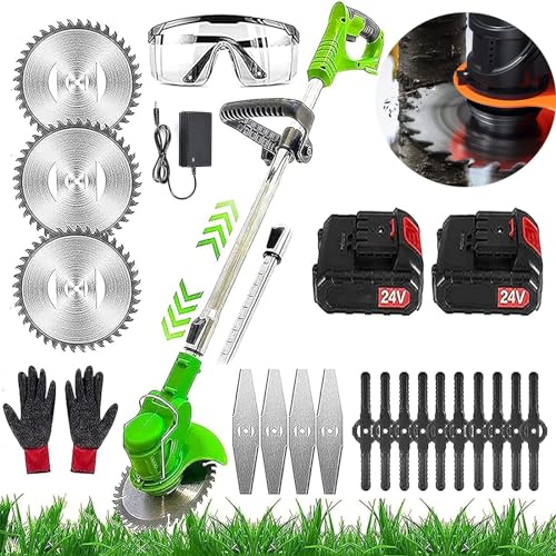 Tagliabordi A Batteria 24V Decespugliatore Elettrico Con 2*Batteria E Caricatore, Con 3 Tipi Di Lame,Testata E Maniglia Telescopica Per Prato Campo Da