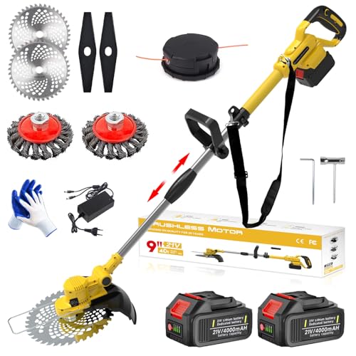 Decespugliatore A Batteria 21V, Tagliabordi A Batteria 4 In 1, Con 2 Batterie 4,0 Ah, Maniglia Telescopica, Testa Girevole 90°, 2 Spazzola Per Erbacce