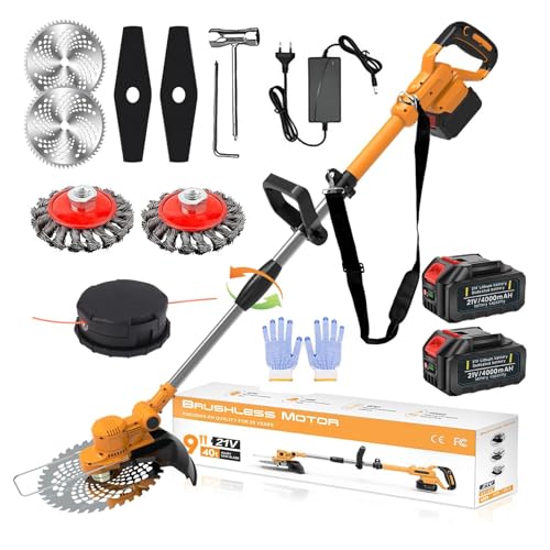 Decespugliatore A Batteria 21V Tagliabordi A Batteria Brushless Con 2 Batterie 4,0Ah E Spazzola Per Diserbazione 4 In 1 Decespugliatore Elettrico, Tub