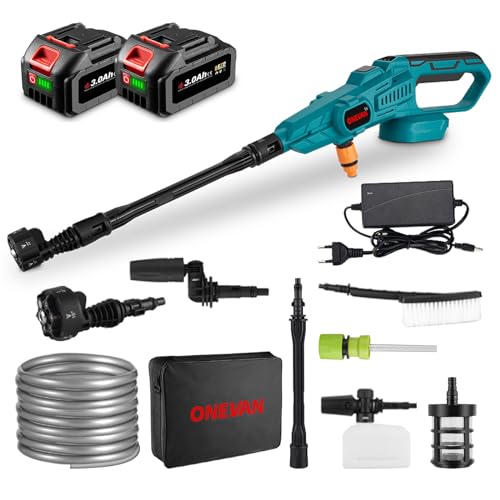 Onevan Idropulitrice A Batteria Con 2 Batterie 3.0Ah, 6 Funzioni 3 Marce 120Bar Lancia Per Idropulitrice Portatile, Pistola Per Idropulitrice Auto Per