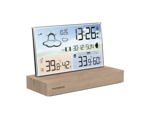 Réveil Station Météo - Thomson - Bois Clair - Affichage Température, Hygrométrie, Double Alarme, Usb-C, Sonde Sans Fil
