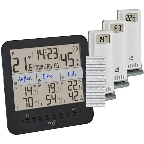 Tfa Dostmann Termoigrometro Con 3 Trasmettitori Clima@Home2, 30.3075.01, Temperatura/Umidità Nelle Aree Residenziali E Di Lavoro, Con Indicazione Del