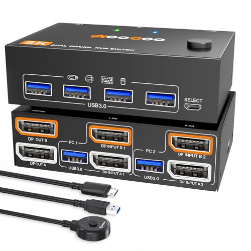 Kvm Switch Dual Monitor Kvm 8K@30Hz/4K144Hz Usb 3.0 Kvm Switch Con 4 Porte Usb Per 2 Computer, 2 Monitor, Telecomando Via Cavo E Cavo Usb Inclusi