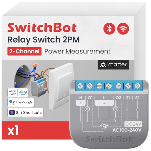 Switchbot Relay Switch 2Pm, Doppio Controllo Luci Con Misurazione Dei Consumi,Ripetitore Bluetooth Integrato,Wi-Fi(2,4Ghz) E Bluetooth. Compatibile Co