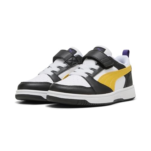 Puma Rebound V6 Lo Ac+ Ps, Scarpe Da Ginnastica Unisex-Bambini, Black-Yellow Sizzle White, 29 Eu