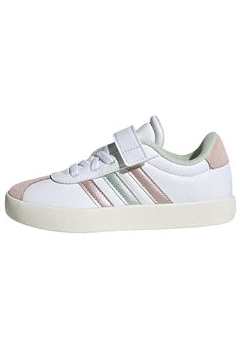 Adidas Vl Court 3.0 Hook And Loop Shoes Kids, Sneaker Unisex - Bambini E Ragazzi, Ftwr White Linen Green Met Sandy Pink Met, 30 Eu