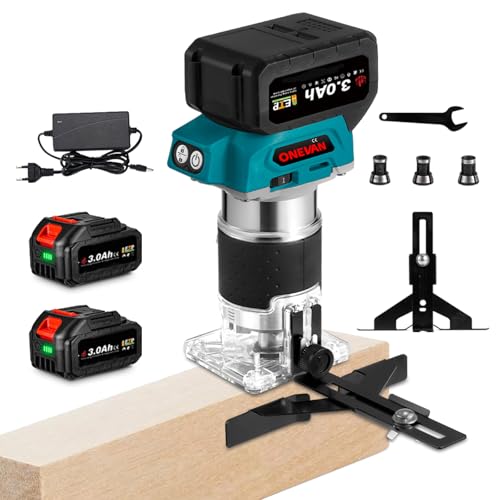 Onevan Fresa A Batteria Con 2 Batterie Da 3,0 Ah, Senza Spazzole, Fresatrice Per Bordi Con Una Sola Mano, Batteria Per La Lavorazione Del Legno, Con 3