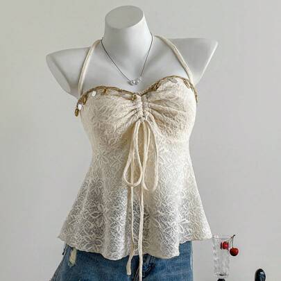 Top da donna con coulisse e pince plissettate, con scollo a canottiera, adatto per le vacanze