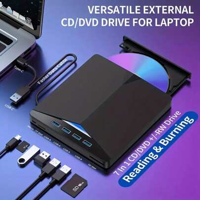 Lecteur Cd/dvd Portable Usb 3.0 7 En 1 : Prend En Charge L'enregistrement, La Lecture Et Est Compatible Avec Les Ordinateurs Portables, Les Ordinateur