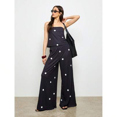 Completo da resort con pantaloni palazzo a zampa e pois, pantaloni palazzo, bandeau coordinato, per vacanze estive, beachwear, vita alta, abbigliament