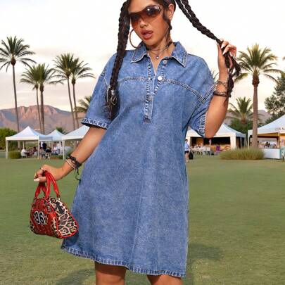 Abito di jeans casual ampio con maniche corte, outfit estivo blu per donne, abbigliamento da concerto per donne, abbigliamento casual per donne, outfi