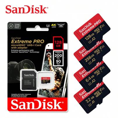 Scheda Micro SD SANDISK A2 U3 32GB 64GB 128GB 256GB Extreme PRO UHS-1 UHD 4K con Adattatore SD