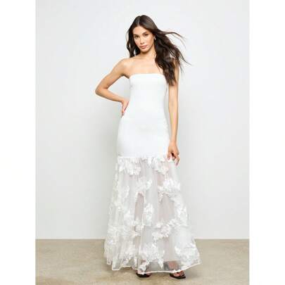 Vestito lungo da sera da ballo con fiori e pizzo senza spalline, abito da sposa, vestito da occasione speciale, vestito da matrimonio, abito da sera l