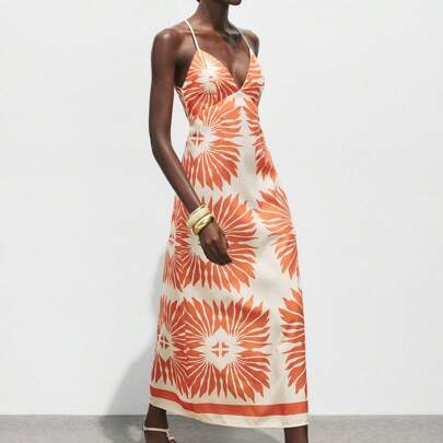 Abito lungo da donna, stampa floreale bicolore, abbigliamento primaverile ed estivo da donna, stile bohémien moderno da vacanza al mare, romantico, co