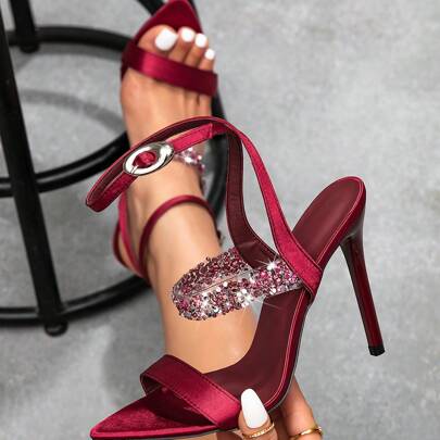 Sandali con tacco alto eleganti da donna con punta affusolata, cinturini, colore bordeaux, tacchi a spillo, adatti per vestiti eleganti, feste, appunt