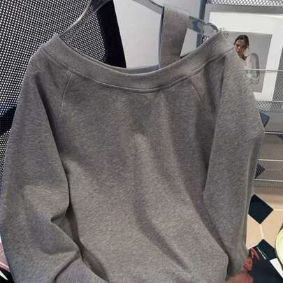 Felpa con cappuccio da donna a tinta unita, maniche a buco, casual, ampia, con collo asimmetrico
