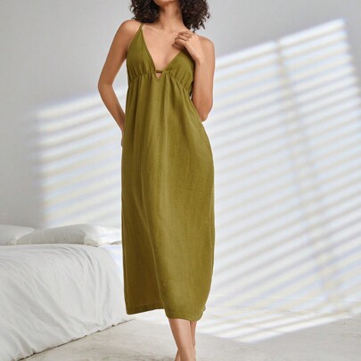 Silk Soft Deep V-Neck Camisole Abito Da Casa-Verde