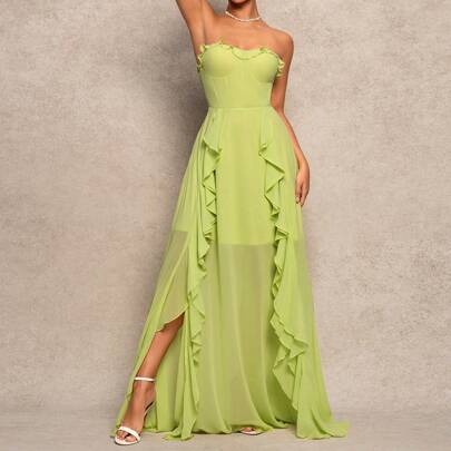 Nuovo abito da donna a tubino verde estate CHOSMO, abito elegante e raffinato da cerimonia, strapless, con schiena scoperta, vita alta, slim, spacco l