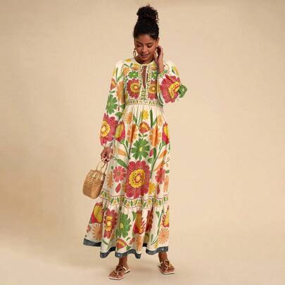 Vestito lungo a maniche lunghe con stampa floreale e lacci, abbigliamento autunnale, eleganti abiti da donna, abiti autunnali da donna, abiti messican