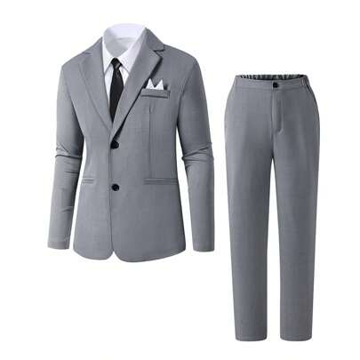 Set da 2 pezzi per ragazzi adolescenti in stile gentleman, comprende giacca blazer aderente grigia + pantaloni da cerimonia, elegante, tuta casual da