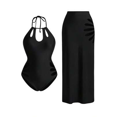 1 pezzo Completo abito da donna di alta qualità ed elegante, gonna in in rete burnout a fantasia floreale