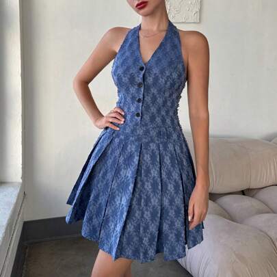 Gonna-vestito corta in denim plissettato per donna