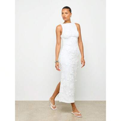 Abito da sposa lungo in pizzo bianco con applicazioni, abito da cerimonia elegante senza maniche con spacco laterale, abito da sera da cerimonia da gi