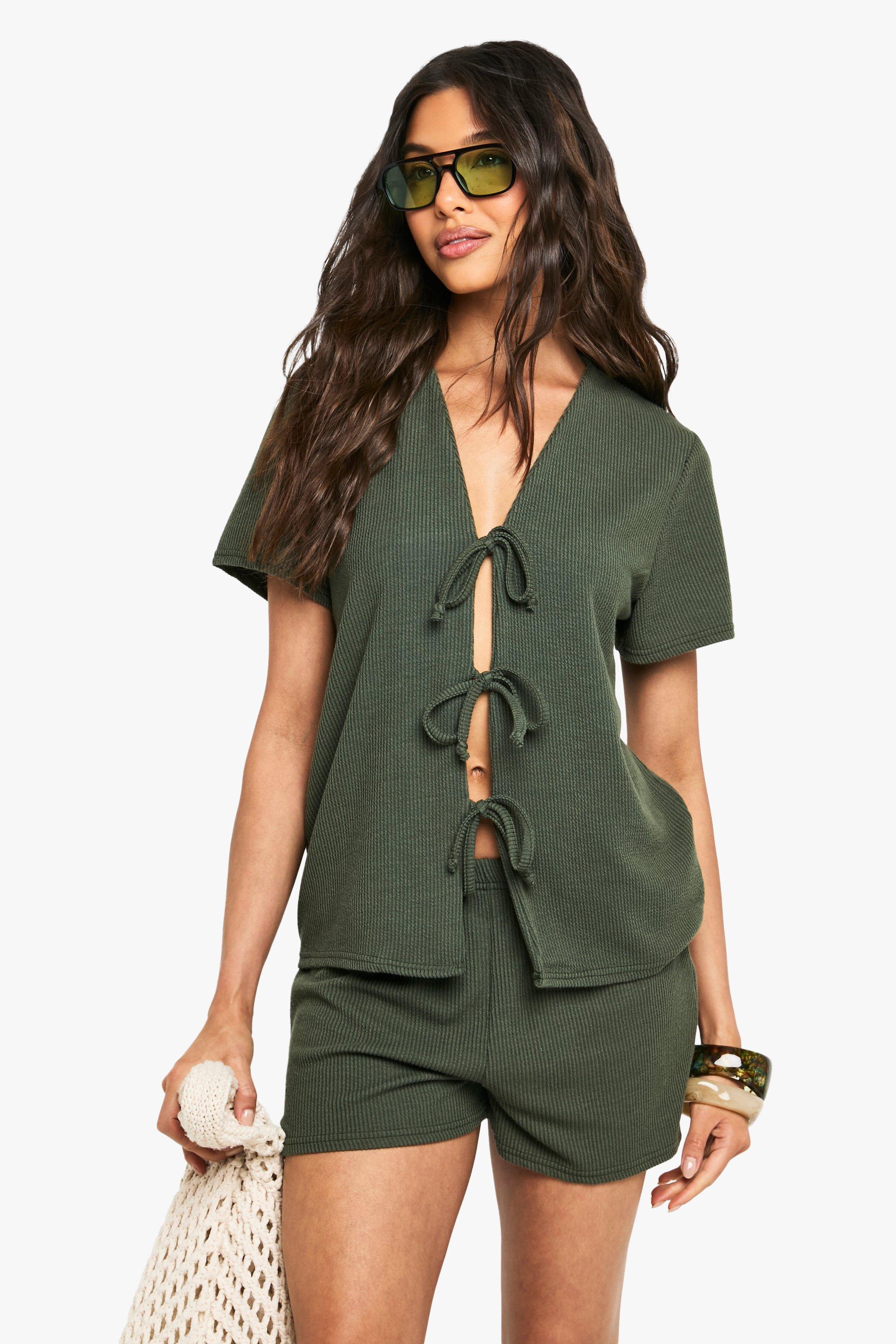 Rib Tie Front Short Sleeve Top And Short Set, Verde