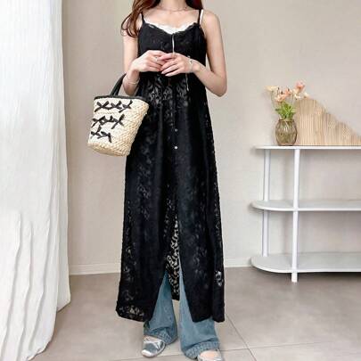 Abito lungo nero con pizzo e lungo laccio, abito elegante estivo da donna